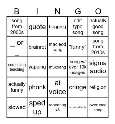 yt shorts audio bingo Card