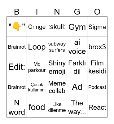 Cringe shorts bingo Card