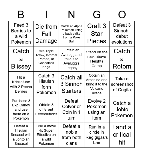 Pokemon Legends Arceus Bingo Card