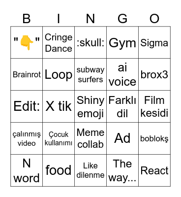 Cringe shorts bingo Card