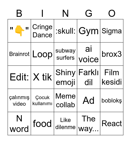 Cringe shorts bingo Card