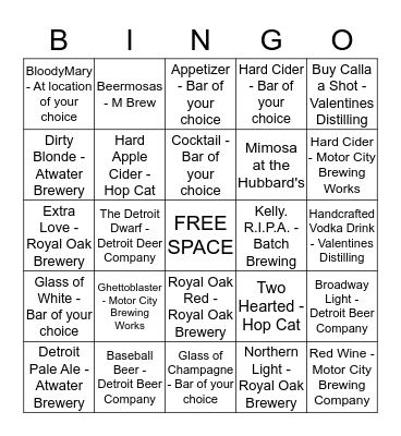 Calla's Bachelorette Brewery Bingo Card