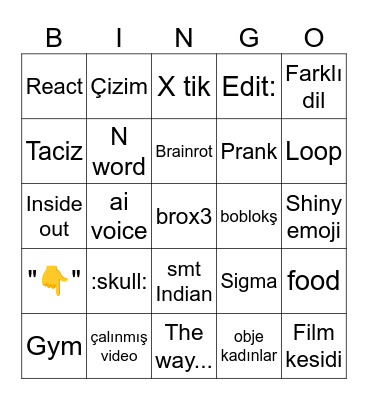 Cringe shorts bingo Card