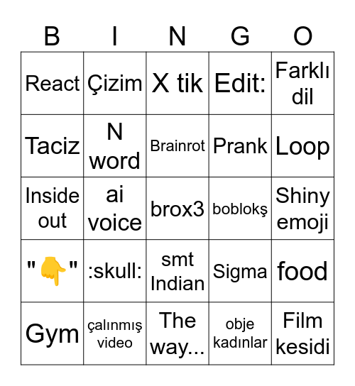 Cringe shorts bingo Card