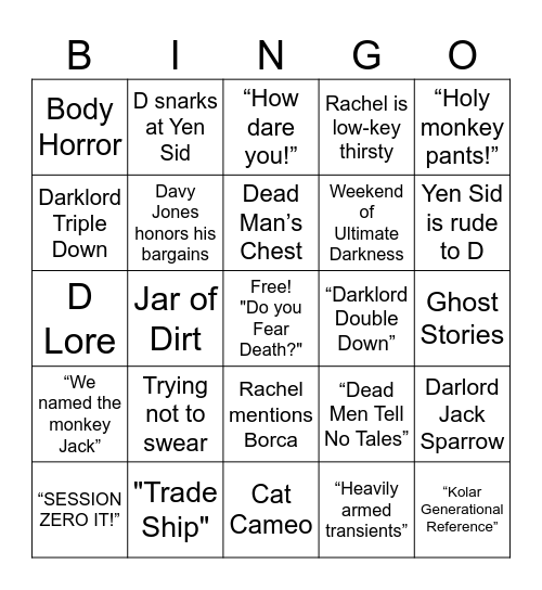WWoDL: Pirates of the Carribean Bingo Card