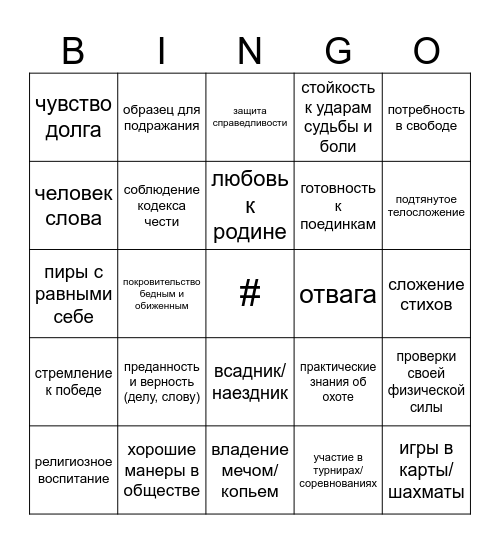 Бинго рыцарь Bingo Card