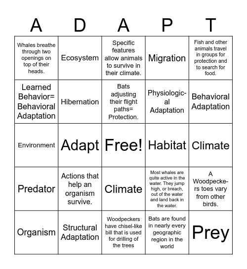 ANIMAL ADAPTATIONS Bingo Card