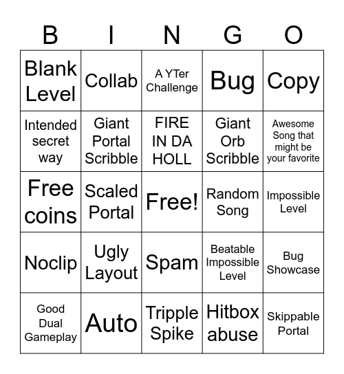 Recent Tab Bingo (Geometry Dash) Bingo Card