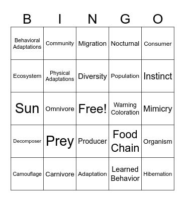 Animal Adaptations Bingo Card