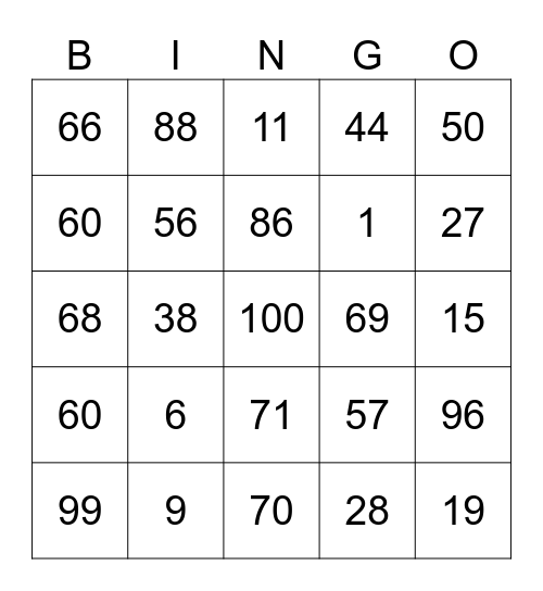Precentage Number Bingo Card