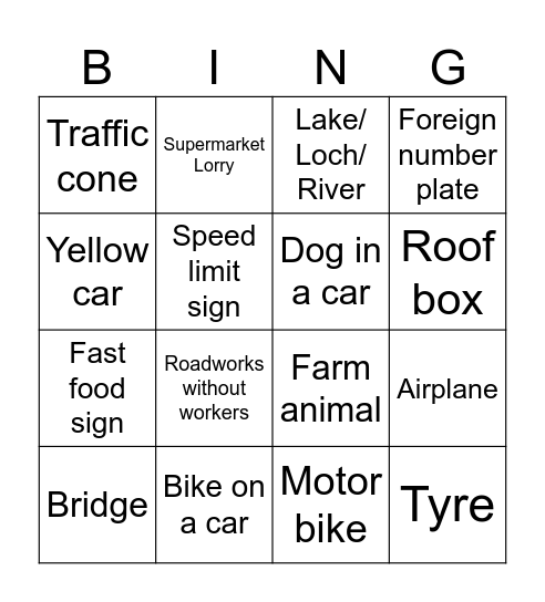 Motorway Bingo Card
