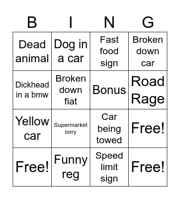 Motorway Bingo Card