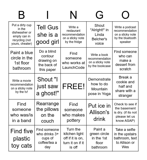 House Warming BINGO Card