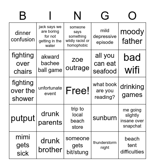 2024 beach trip Bingo Card