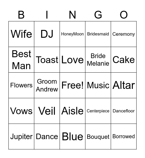 Melanie's Bridal Shower Bingo Card