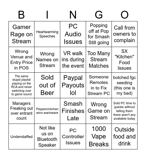 Final Sector X Tournament Bingo Card