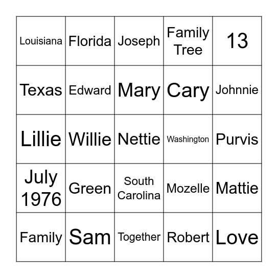 Green Family Reunion Bingo Card