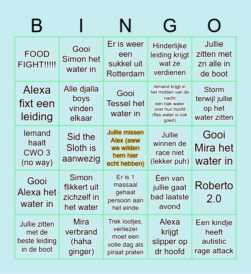 Alexander's Bingokaart voor Zeilkamp Bingo Card