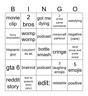 youtube shorts video or comments Bingo Card