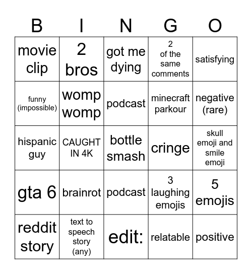 youtube shorts video or comments Bingo Card