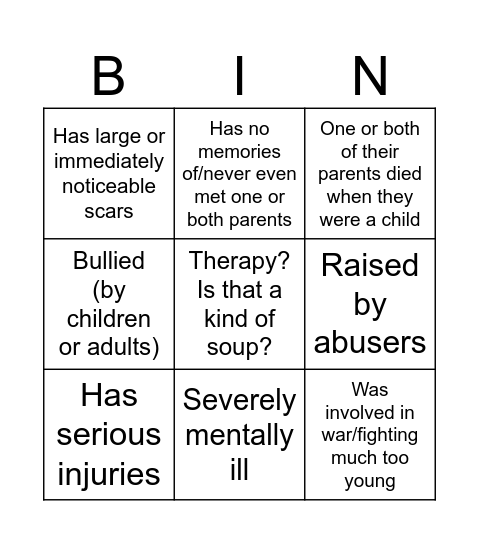 Tragic Backstory Bingo Card