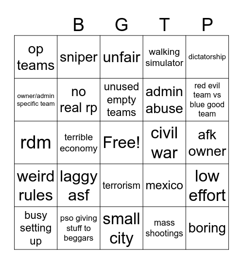 bgtp bingo Card