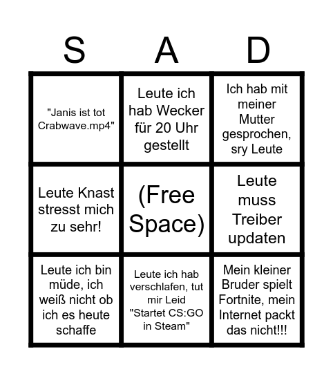 Janis kommt nicht BINGO! Bingo Card