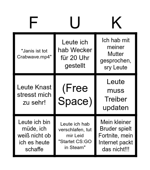 Janis kommt nicht BINGO! Bingo Card