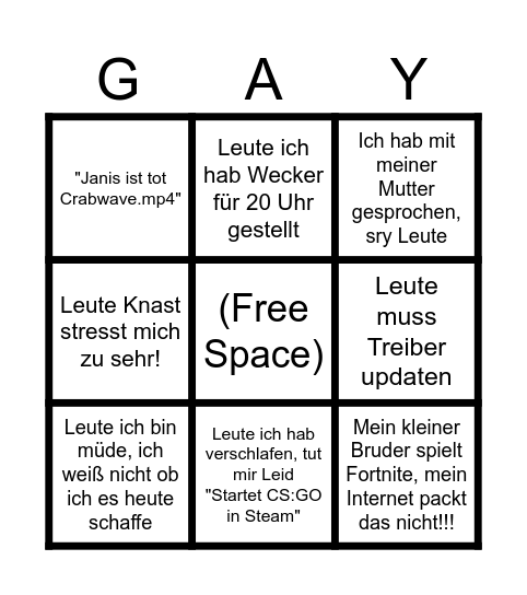 Janis kommt nicht BINGO! Bingo Card