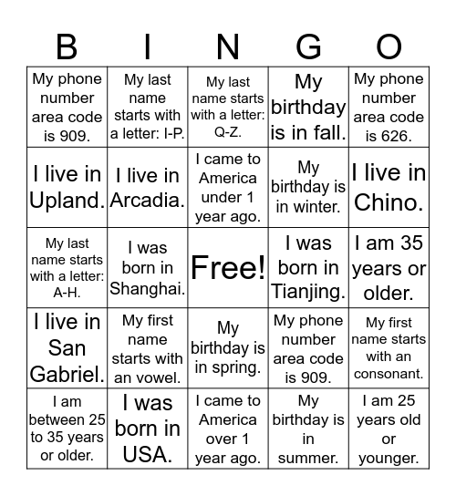 Find A Friend! Bingo Card