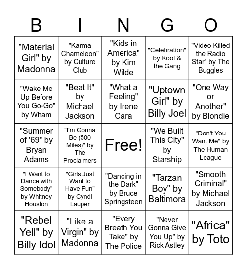 80's Music Bingo Round #1 Bingo Card