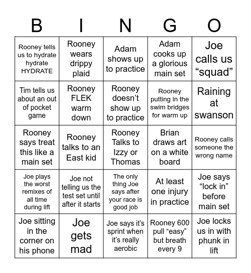 Coaches Practice Bingo Card