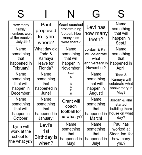 Singer's Bingo 2016 Bingo Card