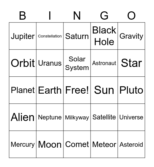 Space Themed Bingo Card