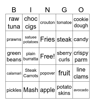 Kevin's Diet Bingo Card