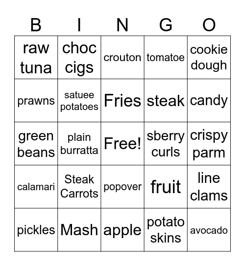 Kevin's Diet Bingo Card