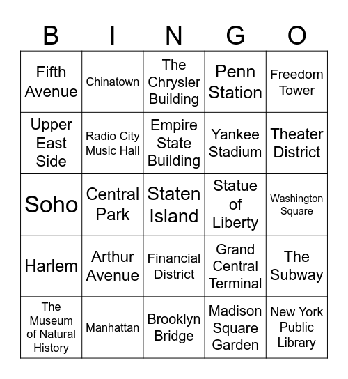 New York, New York Bingo Card