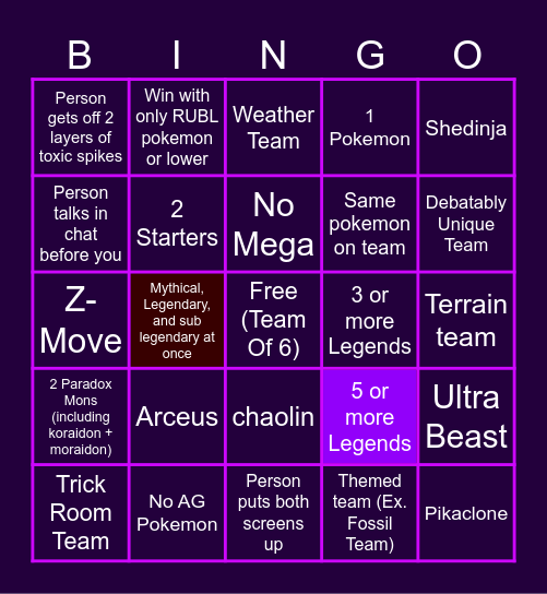 National Dex AG Bingo Card