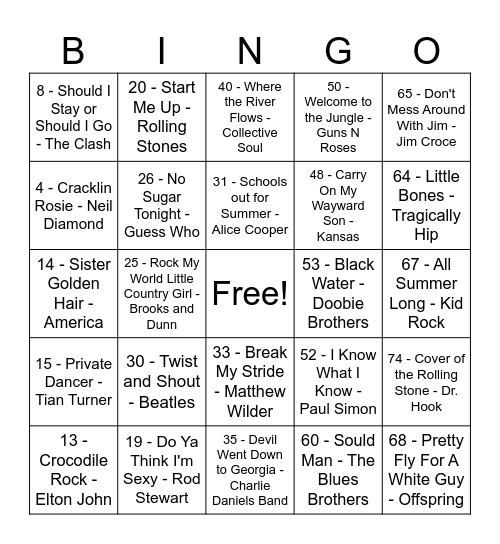 Rock and Roll 3 Bingo Card