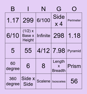 Maths Bingo Card