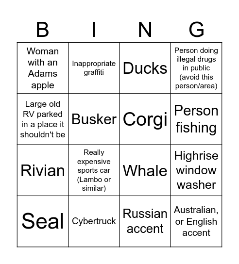 Seattle "See and hear" Tourist Bingo Card