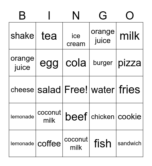 Food Bingo Card