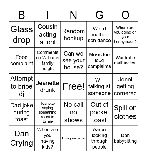 Sarah and Dylan Wedding Bingo Card