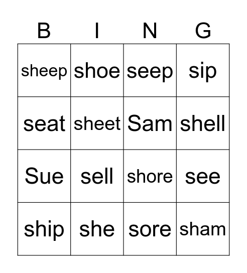 S / SH PRONUNCIATION Bingo Card