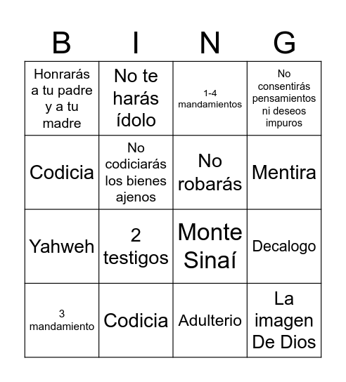 10 mandamientos Bingo Card