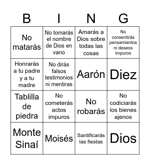 10 mandamientos Bingo Card