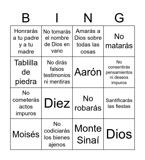 10 mandamientos Bingo Card