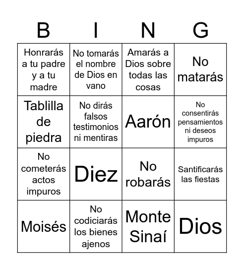 10 mandamientos Bingo Card