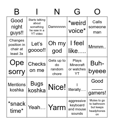 Ben gaming Bingo Card