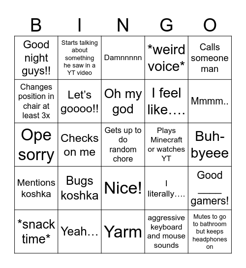 Ben gaming Bingo Card